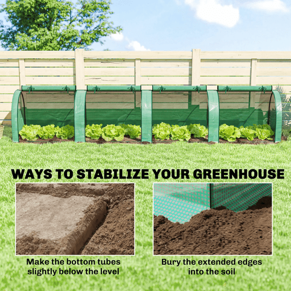 Green & Dark Green Wide Low-Profile Greenhouse with 4 Roll-Up Zipper Doors, UV-Protective PE Cover, Steel Frame, Windproof Level 4 for Balcony & Patio