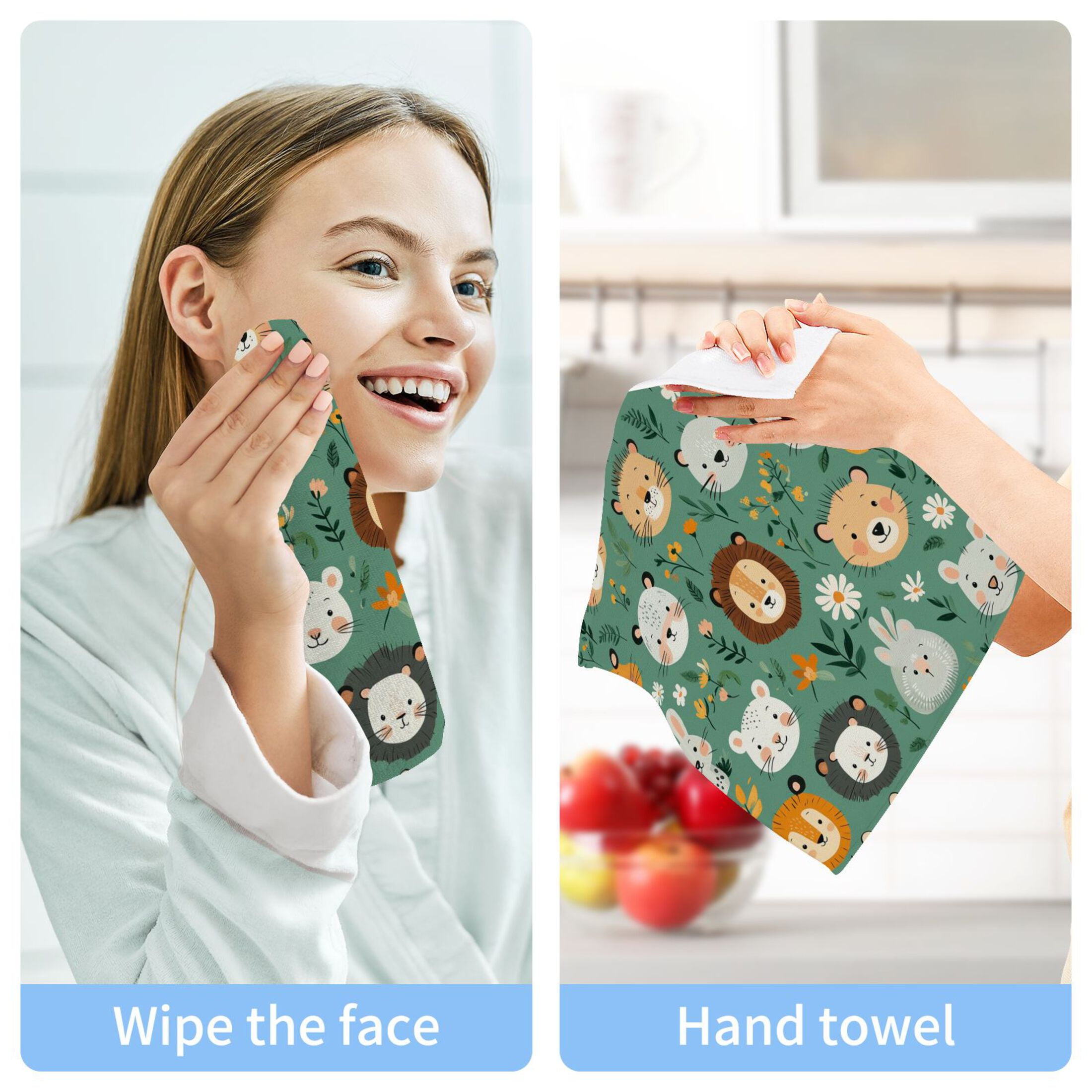 Wobogo Cute Animal Faces in A Seamless Jungle Pattern Square Cotton Towel Set of 6 Soft and Skin-friendly with Good Absorbency 12×12in