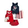 Girls Patriotic 4th of July Tank Top, Skirt, and Shorts 4-Piece Outfit Set, Sizes 4-18