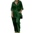 thumbnail image 2 of UVEASISHA 2 Piece Set for Women Cotton Linen Lounge Sets Short Sleeve Lapel Button Down Shirts and Wide Leg Pants Set Plus Size Comfy Loungewear with Pockets Army Green XXXL, 2 of 5