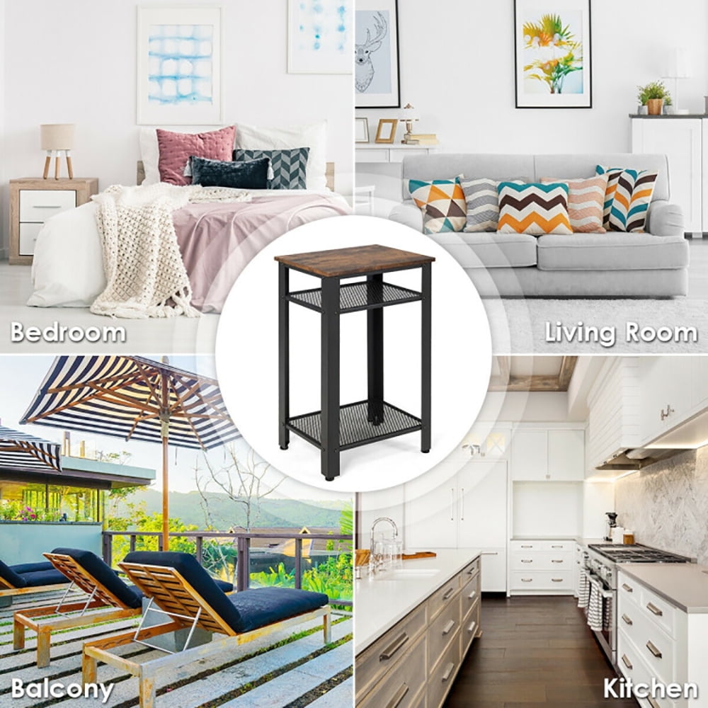 Finihen End Table, 3-Tier Industrial End Table with Metal Mesh Storage Shelves, Sofa Side Table, Bed Side Table, for Living Room, Bedroom, Brown Finihen End Table, 3-Tier Industrial End Table with Metal Mesh Storage Shelves, Sofa Side Table, Bed Side Table, for Living Room, Bedroom, Brown