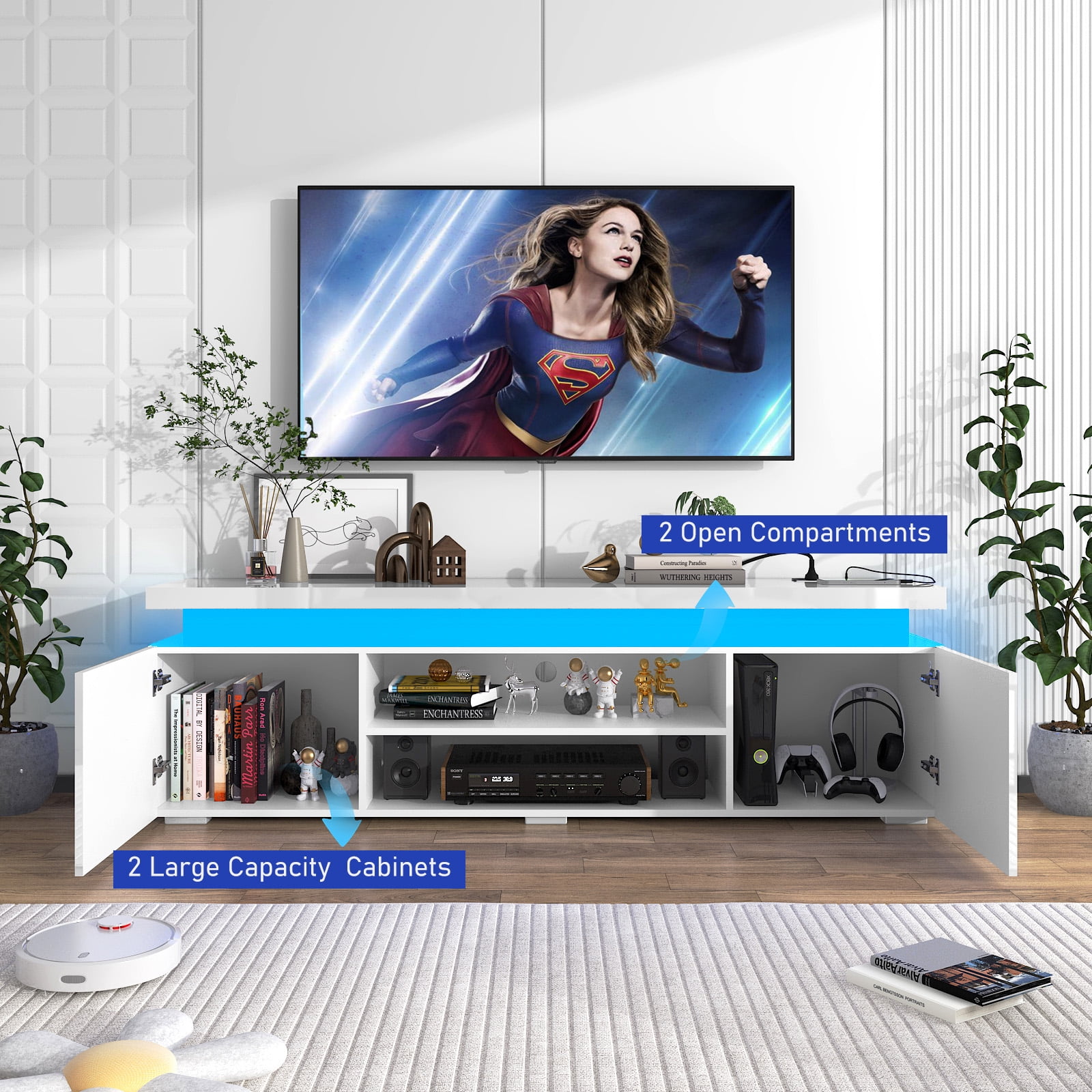 75" LED TV Stand with Power Outlet for up 85" TVs, Modern Large Entertainment Center TV Console Table with Wide Open Shelf