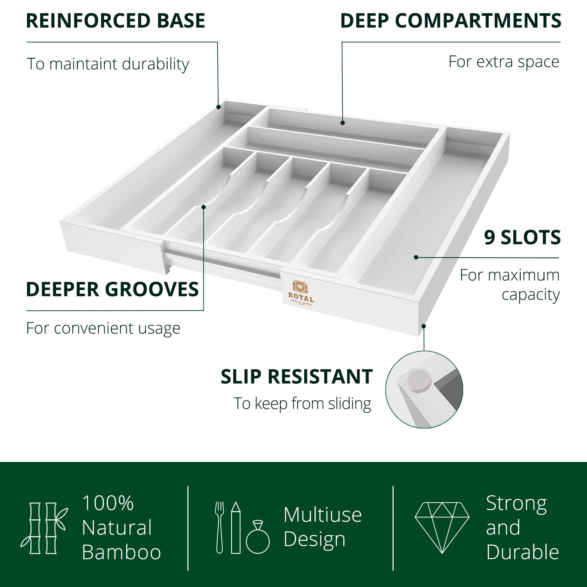 Bamboo Kitchen Drawer Organizer - Expandable Silverware Organizer/Utensil Holder and Cutlery Tray with Grooved Drawer Dividers for Flatware and Kitchen Utensils (9 Slots, White)