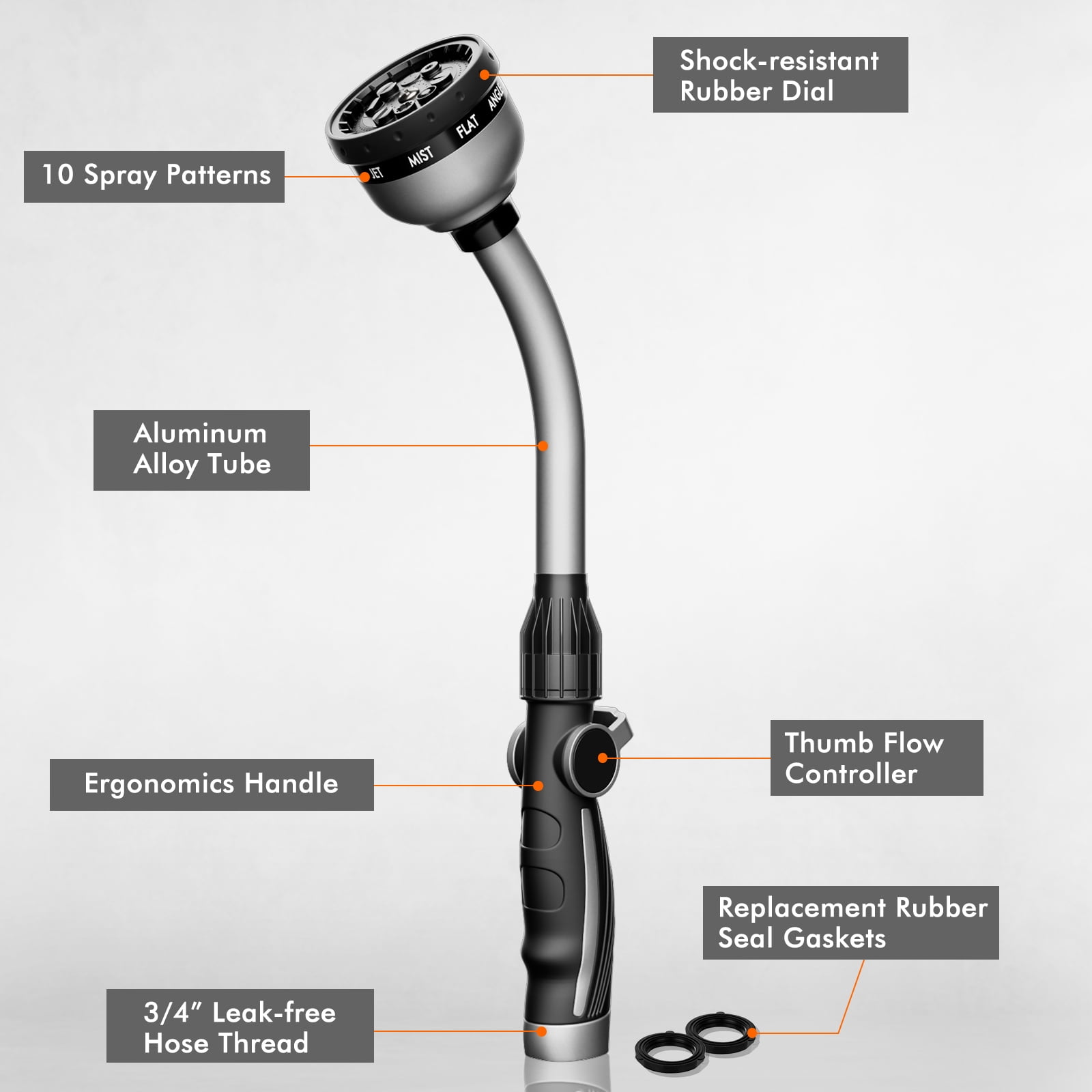 Restmo Watering Wand Heavy Duty, Metal Garden Hose Wand with 10 Spray Patterns, 15-inch Long Hose Nozzle Sprayer with Thumb Flow Control, Ideal to Water Hanging Baskets and Shrubs