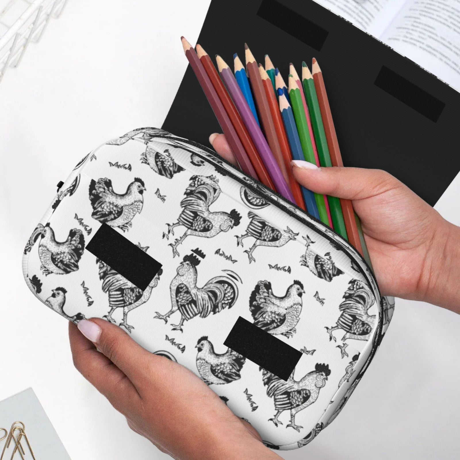 Rateoe Retro Rooster Pattern Double Clamshell Pen Case, Storage Organizer with Two Zipper Compartments– Holds Up to 50 Pencils & Pens