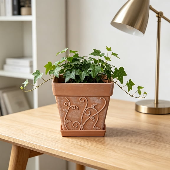 Yakvarog 8" Square Plastic Flower Pots with Tray, Vintage Embossed Vine Planter, Lightweight Durable Ceramic-Look Pot for Indoor Outdoor Plants, Succulents, Herbs, Home Garden Decor
