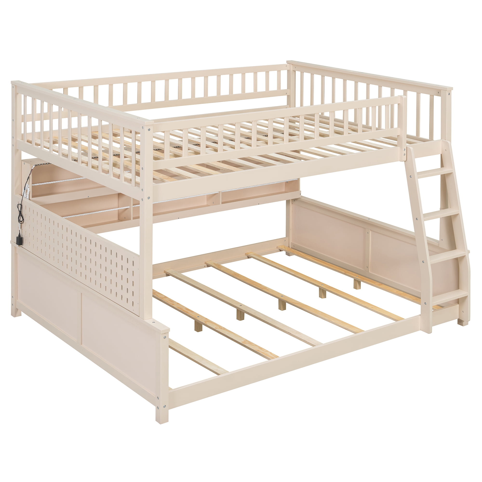 Full XL Over Queen Bunk Bed, Wood Bunk Bed with Integrated Shelving, Color-Changing Lights and Pegboard for Kids Teens Adults, Space Saving Design