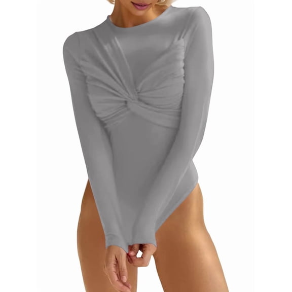 Bodysuits for Women Deep V Neck Twist Knot Fitted Long Sleeve Bodysuit Basic Tops Casual T Shirts Light Gray L