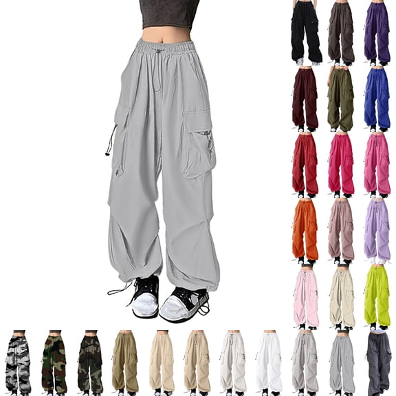 Bmisegm Womens Baggy Cargo Pants Solid Color High Waist Mutil Pocket Loose Fit Parachute Trousers Casual Hiking Climbing Pants Grey_001 M