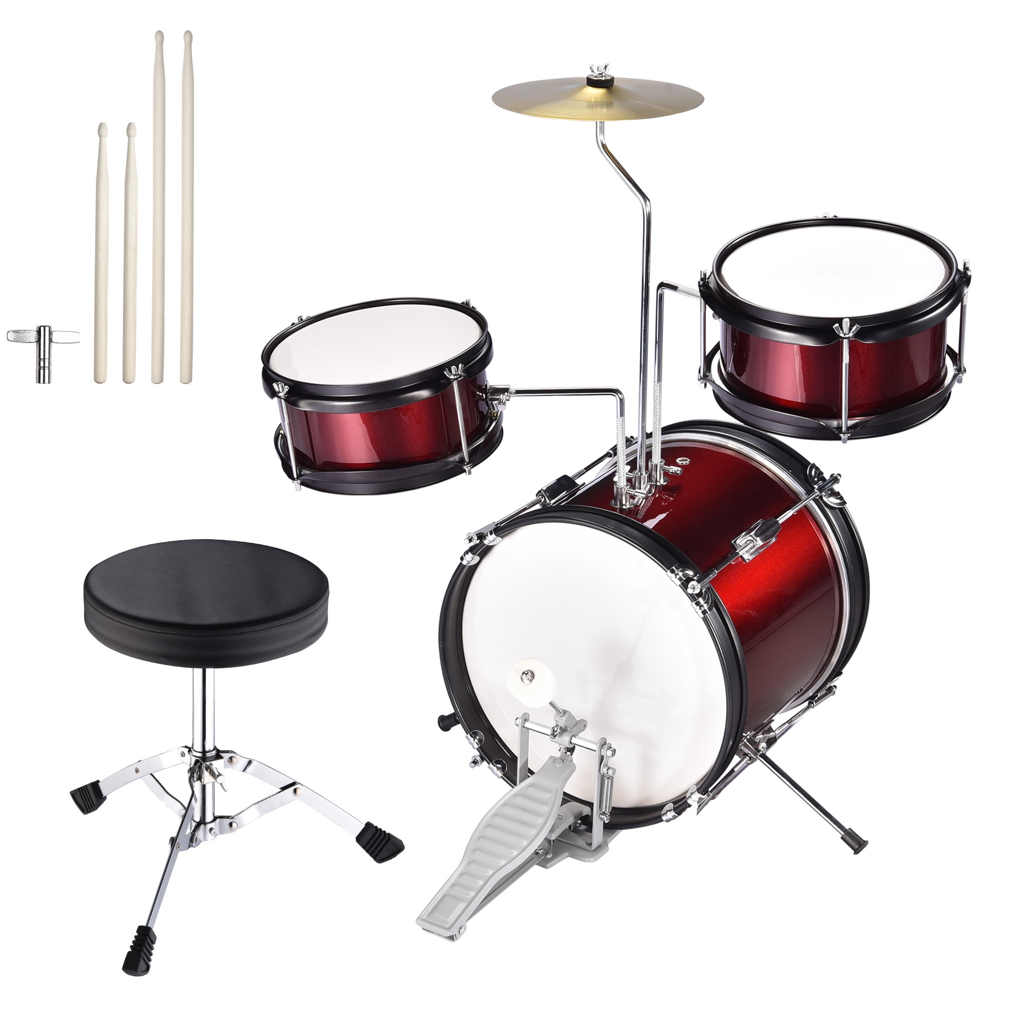 6 Pieces Kids Jazz Drum Set Stool Kit Red 2 Drumsticks 5 Drums Cymbal 