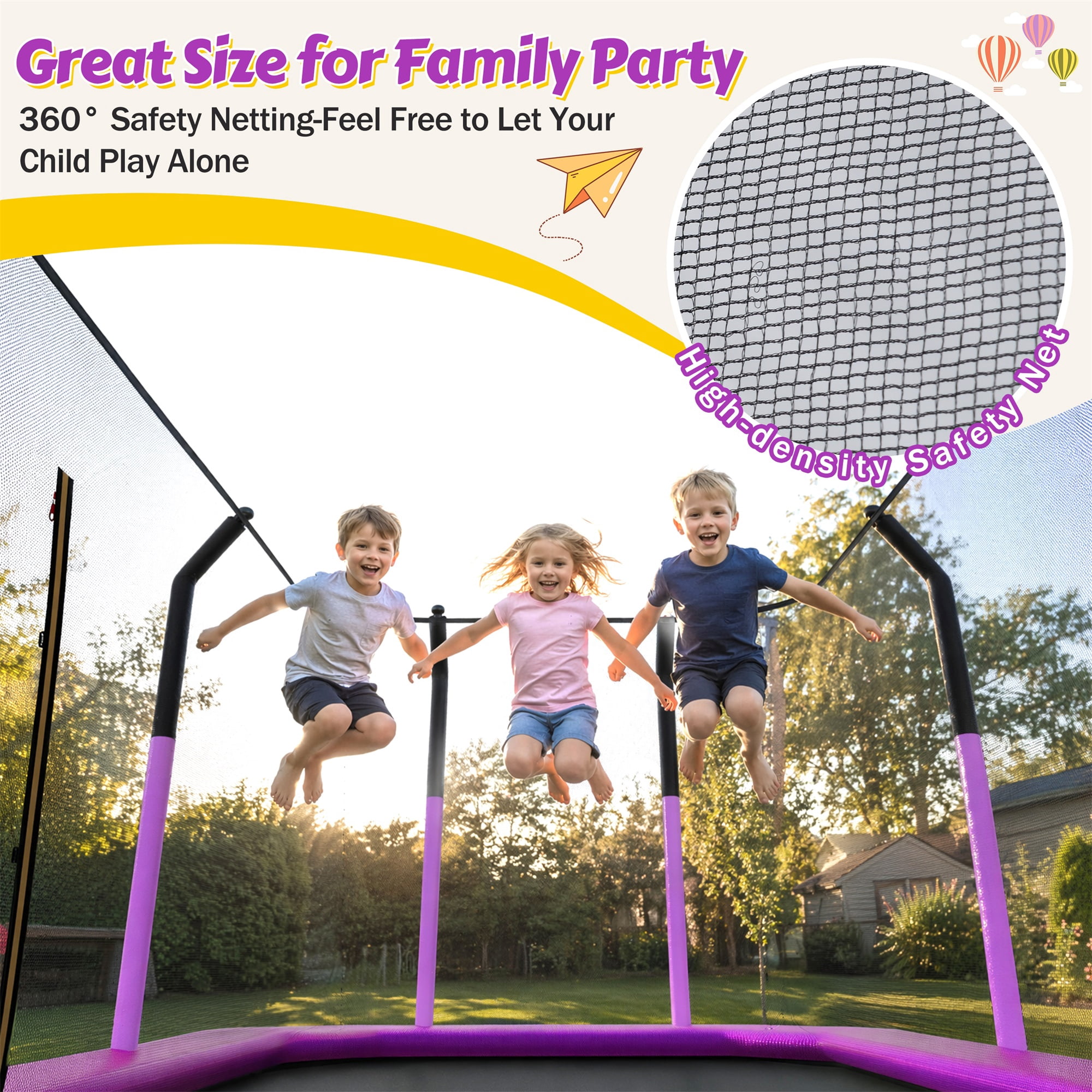 Alvantor 8x14 ft Rectangle Trampoline for Kids, Outdoor Trampolines with Enclosure Net for Gymnastics Purple