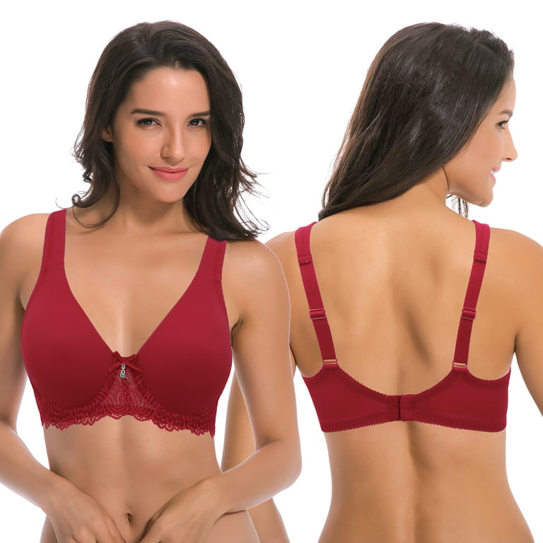Curve Muse Women's Plus Size Unlined Underwire Lace Bra with Cushion  Straps-2PK-Dark Red,Nude-38DDDD