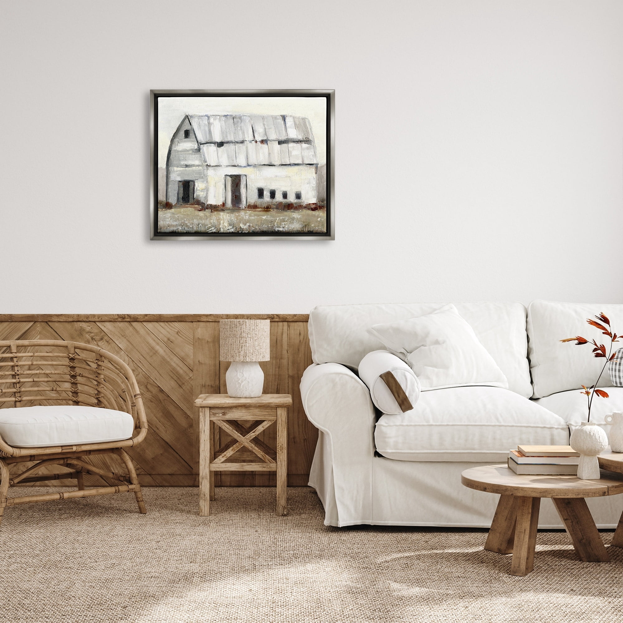Stupell Industries Rustic White Barn Among Countryside Nature Grasses Painting Luster Gray Floating Framed Canvas Print Wall Art, Design by Sally Swatland