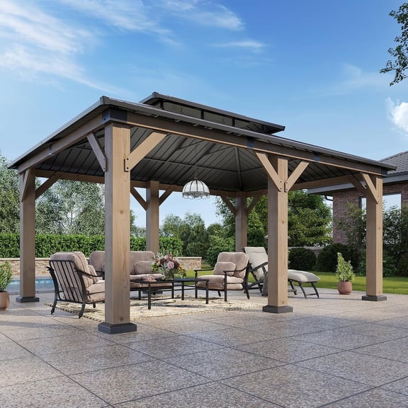 Dateyes 12' x 20' Outdoor Wood Gazebo, Hardtop Gazebo Permanent Wooden Pavilion with Galvanized Steel Double Roof, for Patio, Garden, Backyard, Cedar Wood