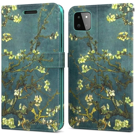 CoverON For Samsung Galaxy A22 5G Wallet Case, RFID Blocking Vegan Leather 6x Card Slot Holder Cover Flip Folio Phone Pouch, Almond Blossom Art