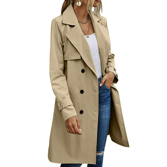 Women'S Double Breasted Long Sleeves Long Trench Coat Windproof Classic Lapel Slim Overcoat with Belt Khaki L