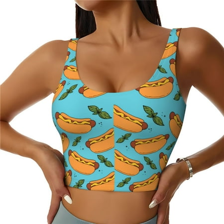 Qokaie Hot Dog 5 Pattern Womens Scoop Neck Sports Bra Breathable Workout Vest Padded U Back Medium Impact Fitness Gym Yoga Bra Workout Crop Top-XX-Large