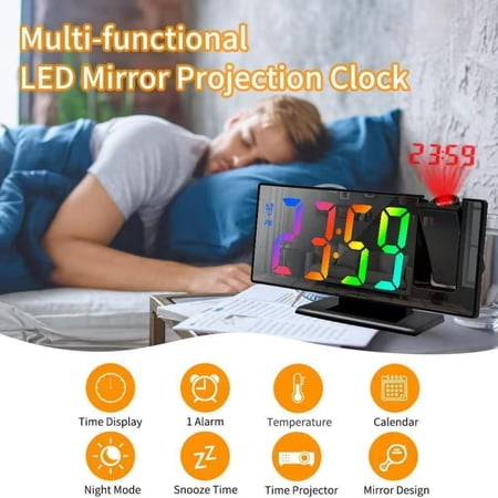 180° Rotating Projection Alarm Clock, Ceiling Projector Clock with 7.8 Mirror LED Display, Digital Clock with Temperature & Date for Bedroom