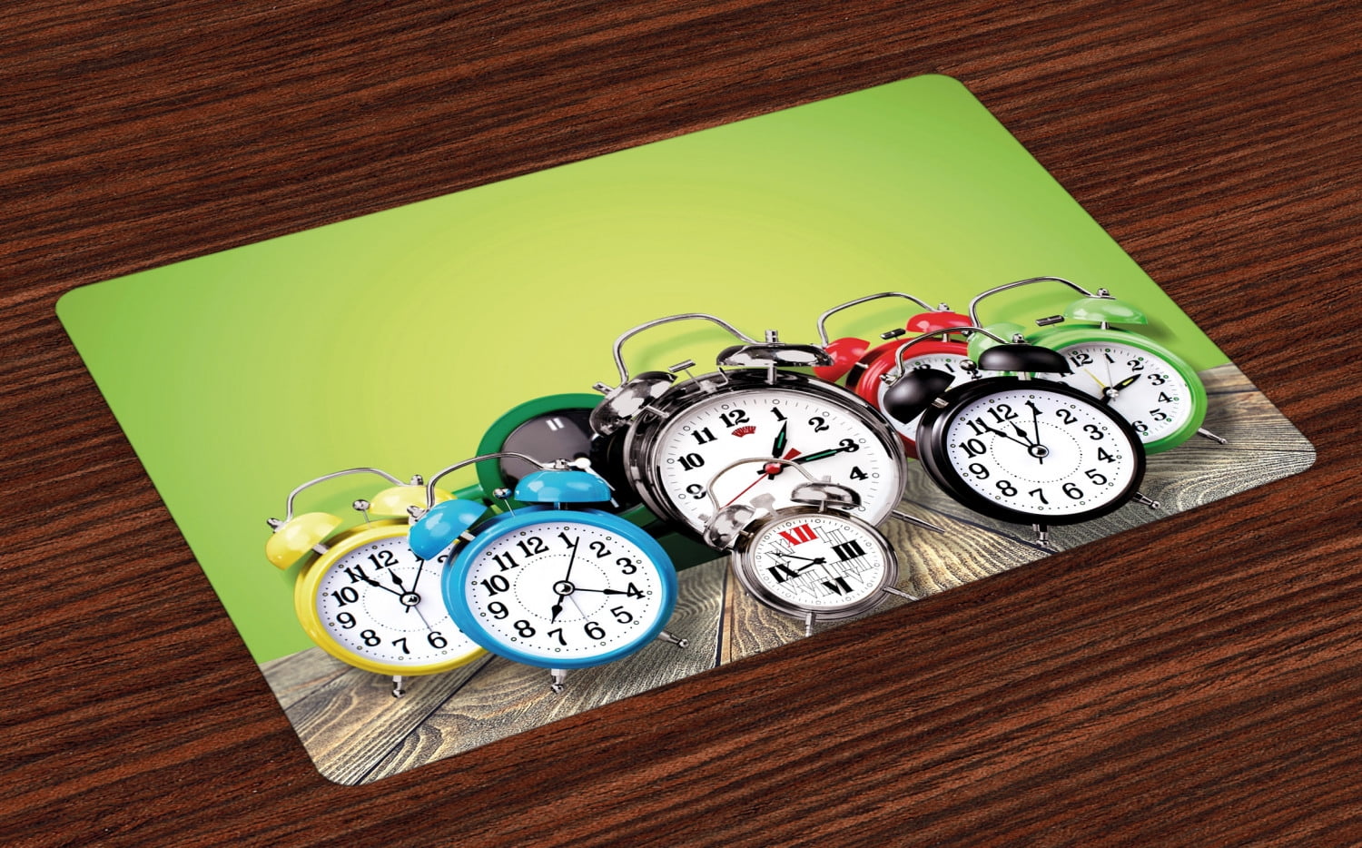 Clock Placemats Set of 4 A Group of Alarm Clocks on the Wooden Ground