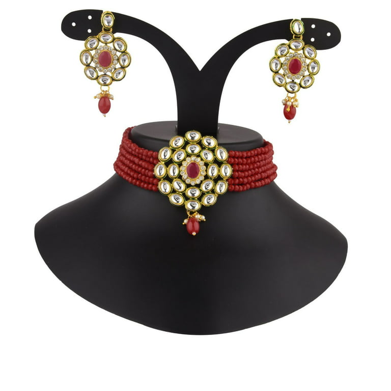 Brass,Pearl And Beads Black Kundan Choker Necklace Set at Rs 699