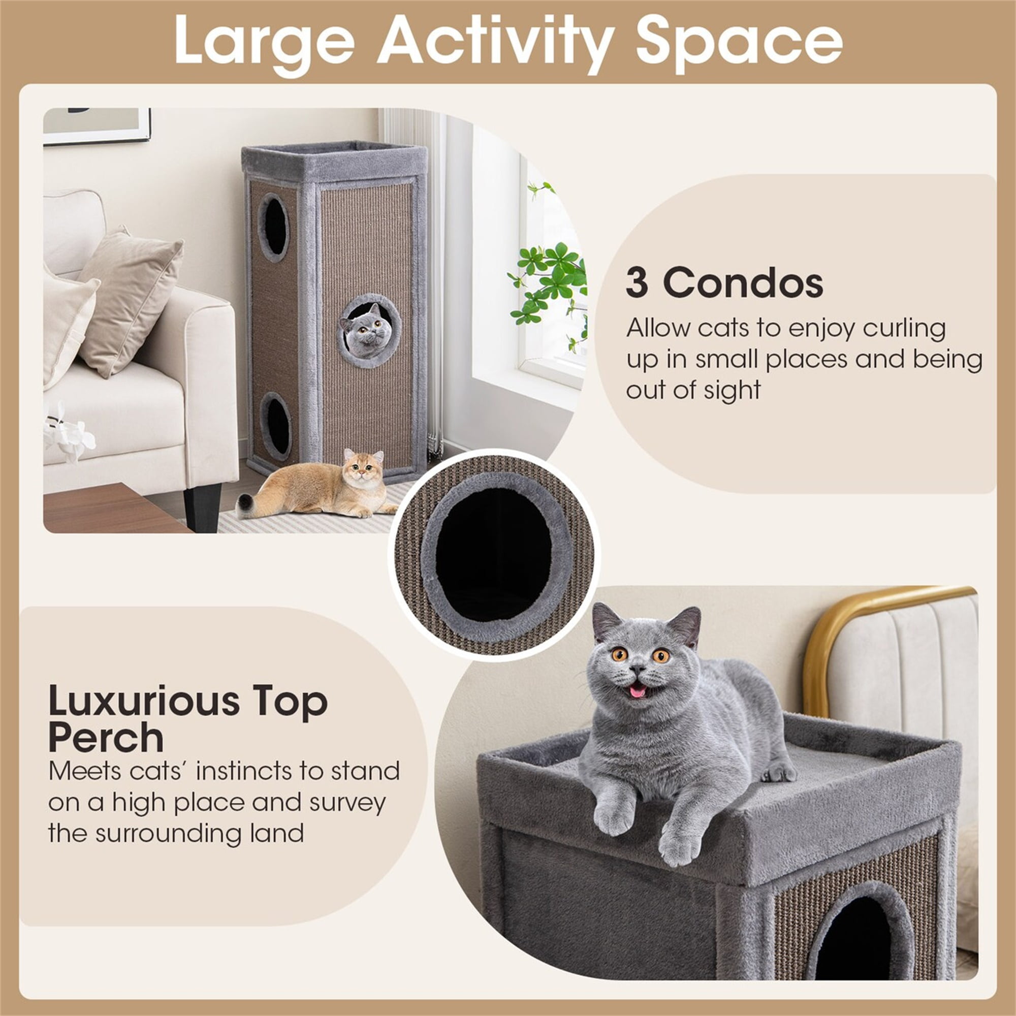 Kadyn 39" Indoor Cat Cave Bed, Cat House Scratcher Furniture, Cat Condo with Scratching Posts, 3 Hideaways, 4 Soft Plush Cushions, Gray