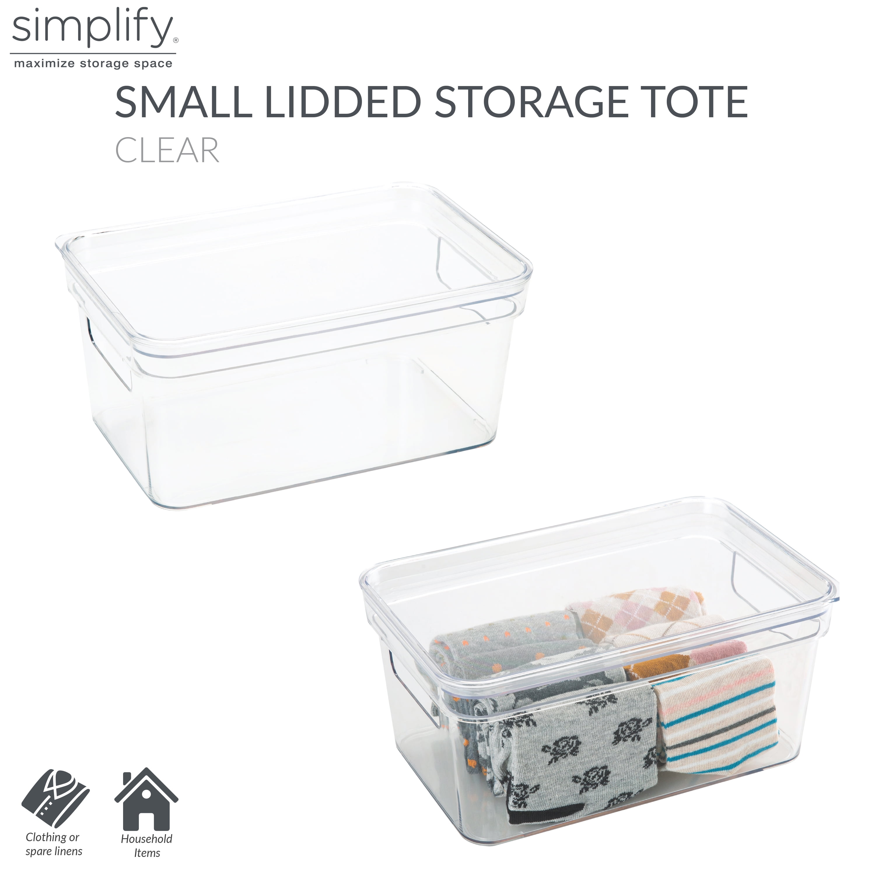 Simplify Small Lidded Plastic Storage Bin Basket with Handles, Clear