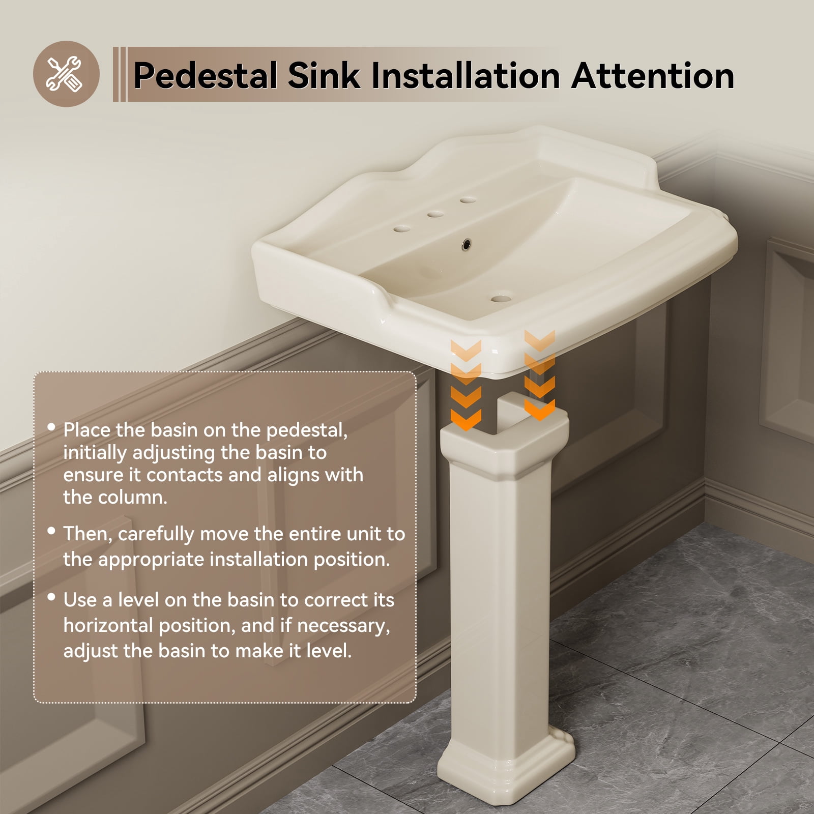 HOROW 23x19 Inch Bone Colored Pedestal Sink Combo with Overflow and Single Faucet Hole, Ceramic Bathroom Vanity Sink