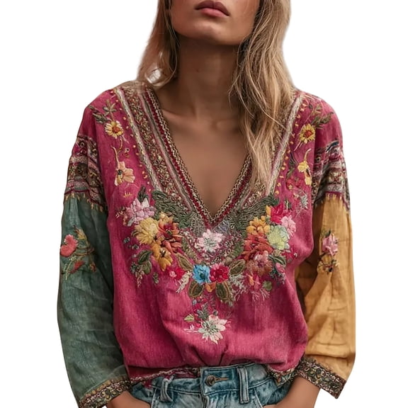 MEICHEN Women's Casual Retro V Neck Top Flower Embroidered Long Sleeve Top Summer T Shirts for Women
