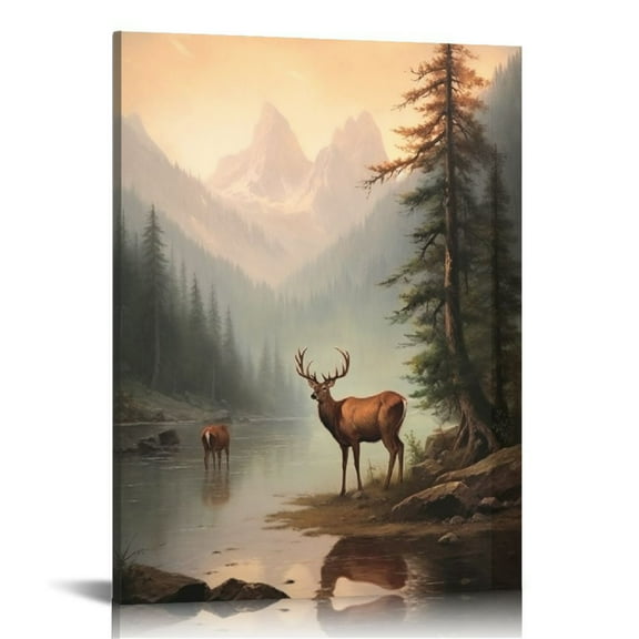 ONETECH Yellow Autumn Landscape Canvas Print Painting Wall Art - Colorful Fall Animal Deer Pictures, Home Decor for Living Dining Room Fashion Poster 12x16 in