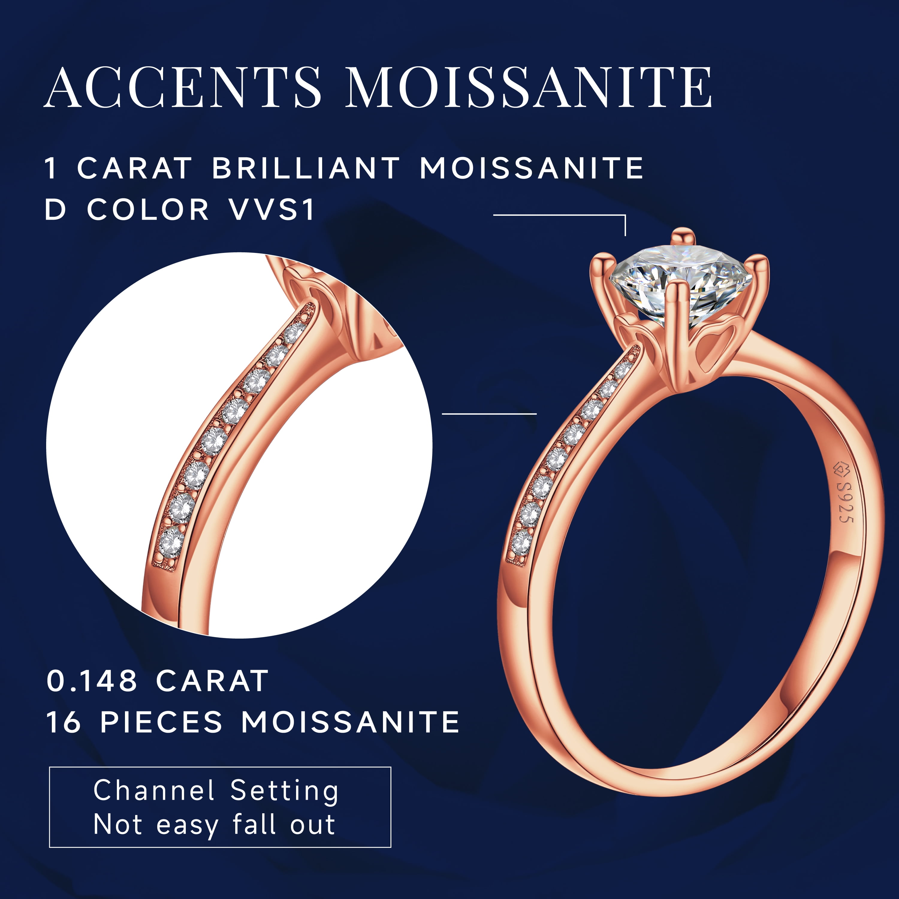 MomentWish 14K Rose Gold Plated Wedding Rings 1 Carat Moissanite Engagement Rings for Women Promise Rings Size9