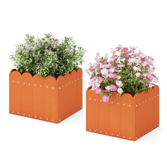 Gymax Lot de 2 Bacs à Plantes Carrés, Pot de Fleurs en HDPE Résistant aux Intempéries, Jardinière, Orange