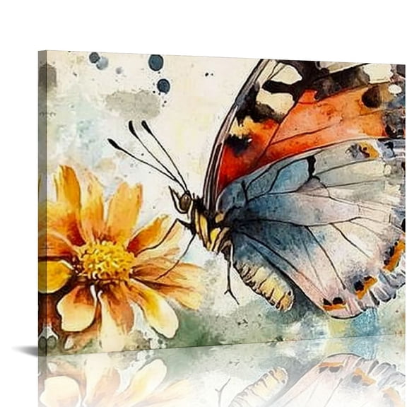 FCXZI Watercolor Butterfly Wall Art Vintage Retro Butterflies Paintings for Living Room Modern Artwork Brown Colorful Flower Canvas Prints Floral Insect Pictures Bathroom Bedroom Home 16x12in