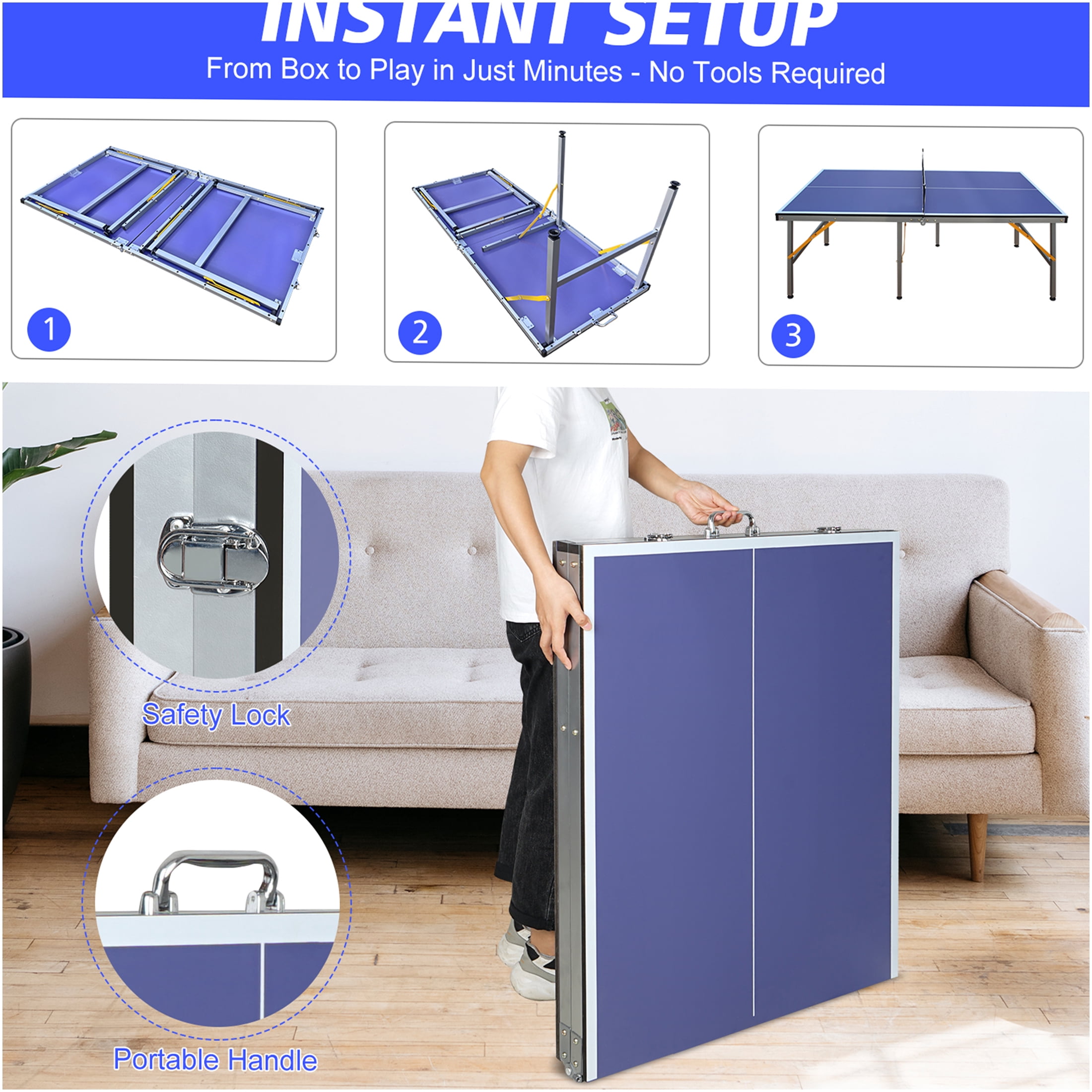 JERFIT 5ft Foldable Ping Pong Table Set with Net & Paddles, Professional MDF Top Indoor Table Tennis Table for Home & Office Games, Blue