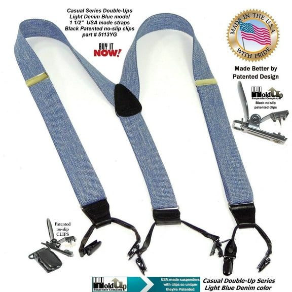 Holdup Brand USA made Double-Ups Style Men's Suspenders in a light Blue Denim Color and Y-Back crosspatch