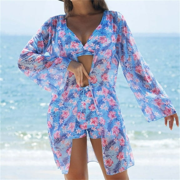 Abomasnow Bathing Suit Cover up for Women Summer Hawaiian Swimwears Beach Coverups Set 3 Piece Long Sleeve Bimono Cardigan with Bikini Outfits