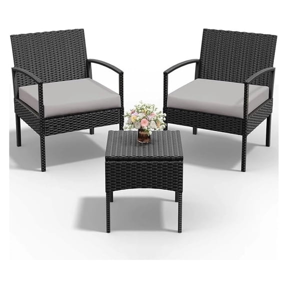 3 PCS Patio Rattan Conversation Chairs Set, Outdoor Furniture, Wicker Bistro Set for Garden, Porch, Balcony, Yard - Gray