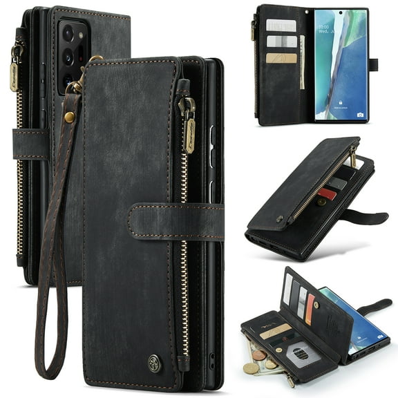 for Samsung Galaxy Note 20 Ultra Case, Wallet Case with Card Holder Kickstand Magnetic Zipper Pocket Lanyard Strap Wristlet,Leather Flip Case Wallet for Samsung Galaxy Note 20 Ultra,Black