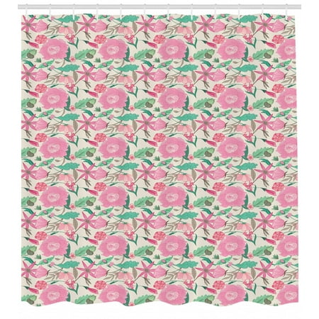Shell Mint - Garden Art Shower Curtain, Botanical Daisy Wildflowers Pattern Vintage Nature Blossom, Fabric Bathroom Set with Hooks, 69W X 84L Inches Extra Long, Eggshell Mint Green Pale Pink, by Ambesonne
