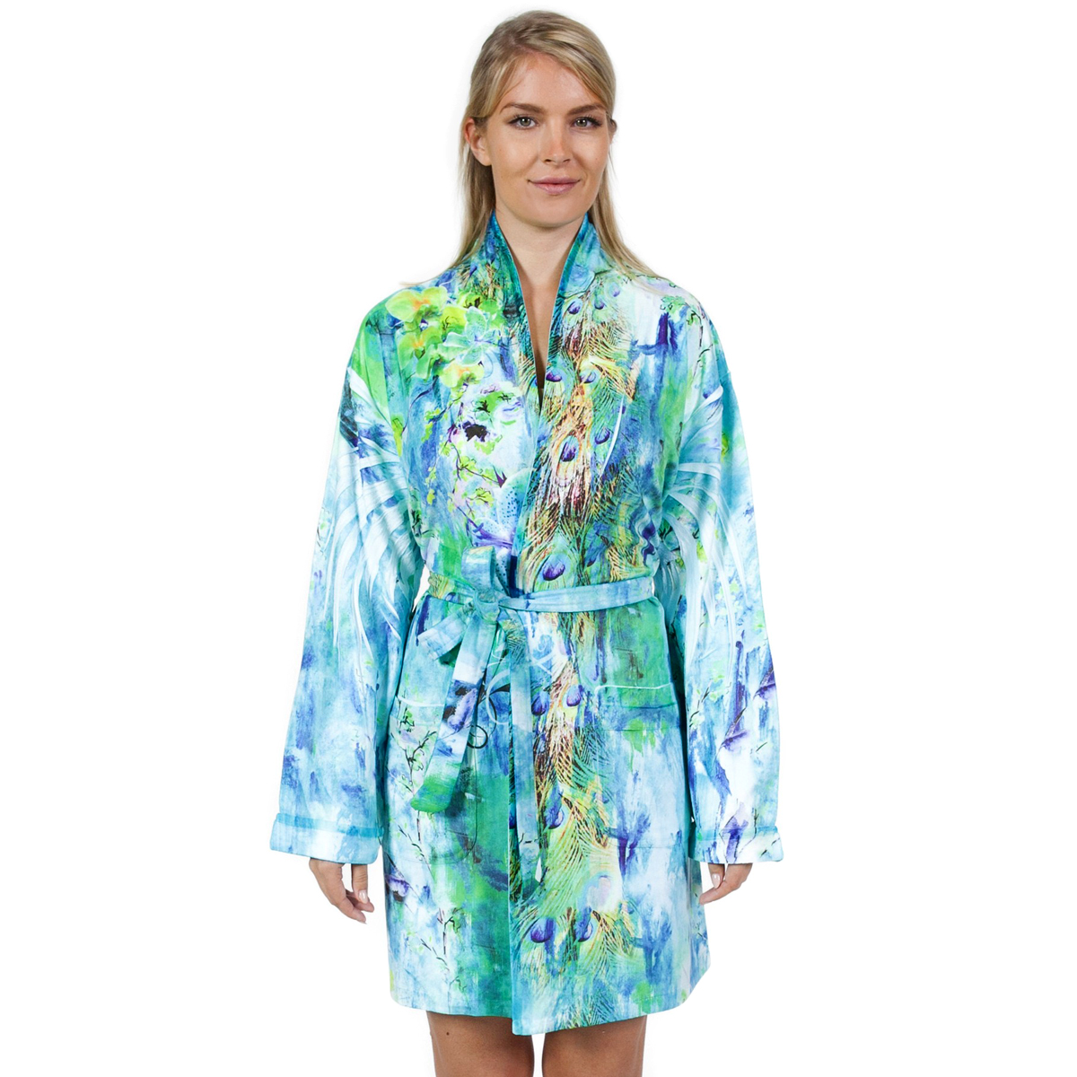 Wrap Up by VP Exotic Feather Microfiber Short Robe in Tropical