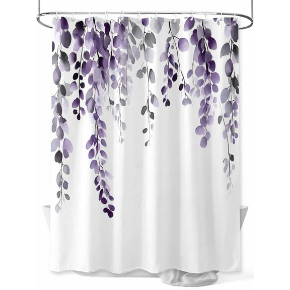 Dark Purple Shower Curtain, Eucalyptus Leaves Watercolor Plants Country Waterproof Shower Curtain Set with 12 Hooks Lightweight Washable Fabric Shower Curtains for Bathroom 60x72 Inches