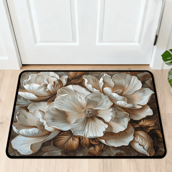 CURLYOOT Brown Magnolia Flowers Elegance Indoor Doormat, Non-Slip Absorbent Door Mat 24" x 16", Entrance Floor Mat Washable Entry Doormats for Entryway Front Back Door