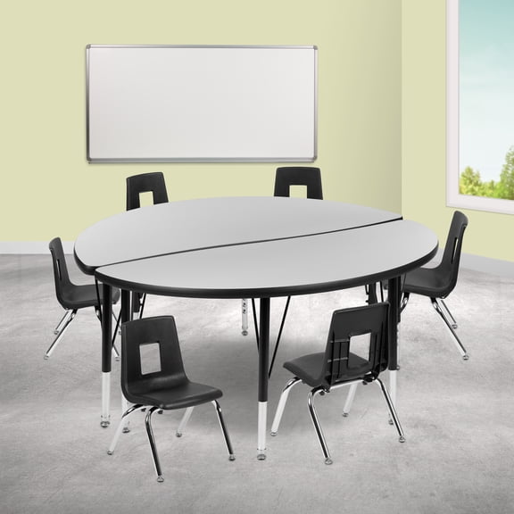 Emma   Oliver 47.5" Circle Wave Activity Table Set with 12" Student Stack Chairs, Grey/Black