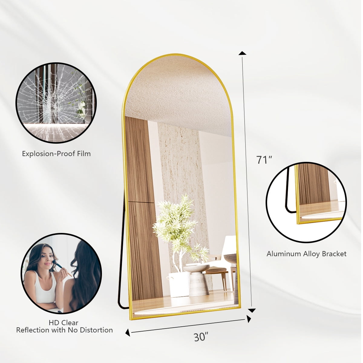 GRAHMCY 71"x30" Arched Full Length Floor Mirror Free-standing Mirror with Aluminum Alloy Frame, Gold