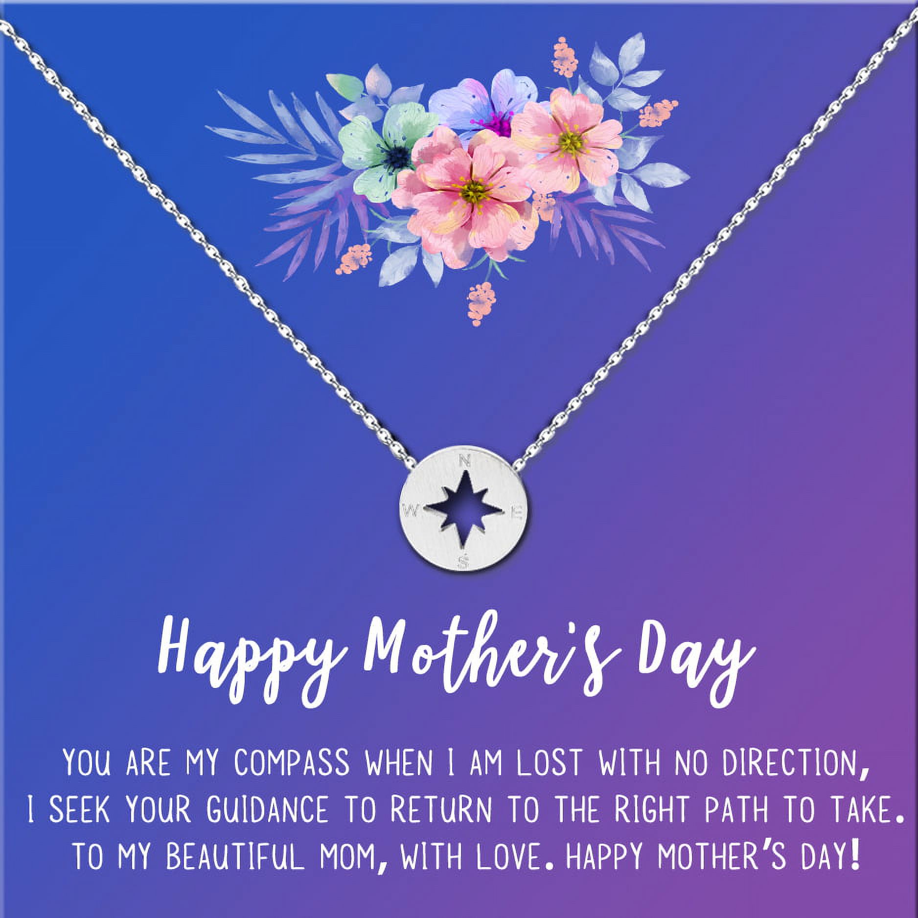 Mother's Day Jewelry For Mom, Mother's Day Necklace, Gift for Mom, Mother's Day Jewelry Gifts, Gift for Her, Mother's Day Necklace, with Gift Box [Silver Compass, No Personalized Blue-Purple Card]