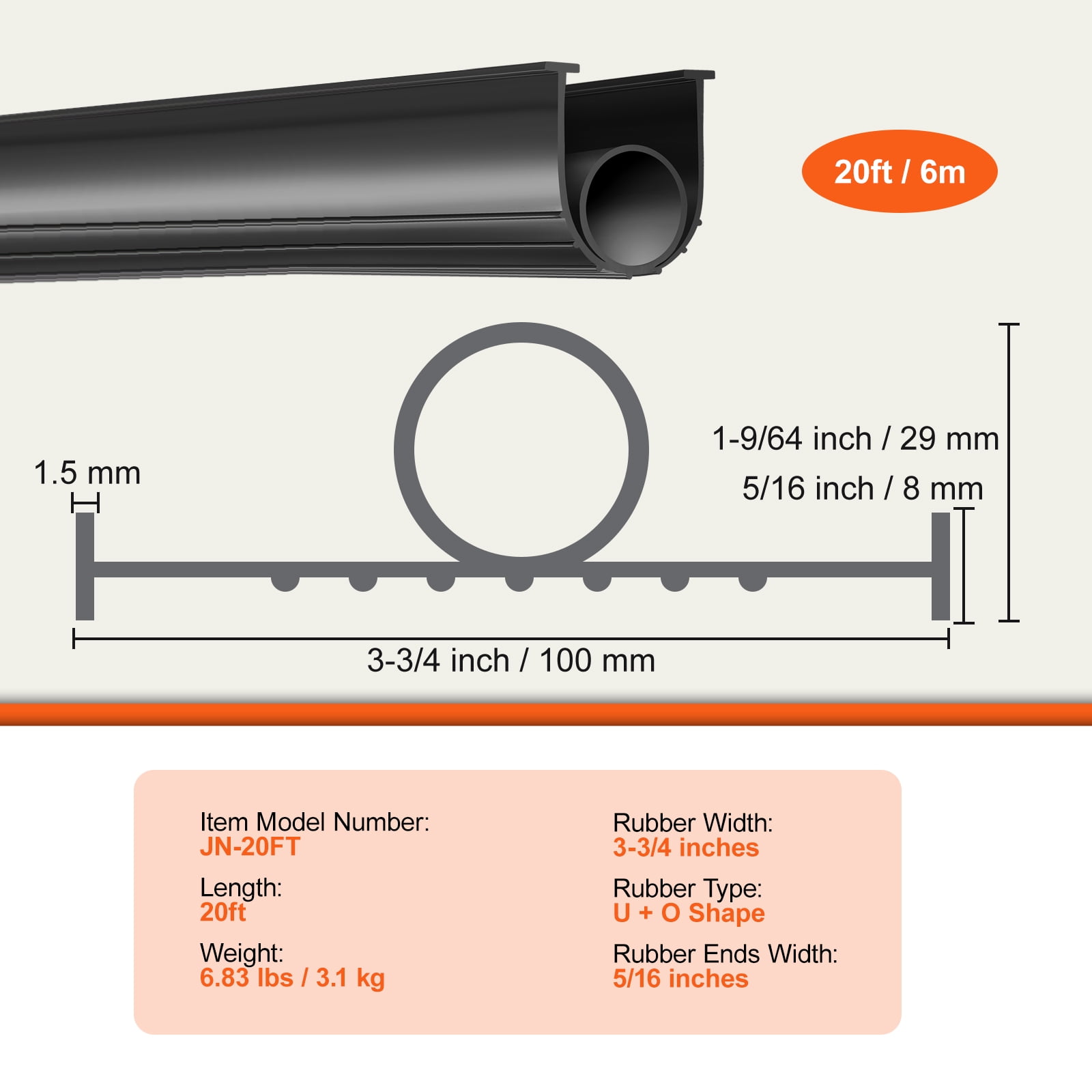 VEVOR Garage Door Seals Bottom Rubber, U Shape +O Ring Garage Door Weather Stripping, Universal Weatherproof Threshold Buffering Sealing Rubber , 5/16 inch T-ends and 3 3/4 inch Width (20 Ft, Black)