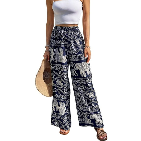 Baywell Womens Elastic High Waisted Palazzo Pants Casual Printed Straight Wide Leg Long Loose Trousers with Pockets