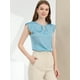 thumbnail image 4 of Blusa De Manga Corta Plisada Sólida Recta Con Abertura En La Espalda Para Mujer Azul claro M, 4 of 6