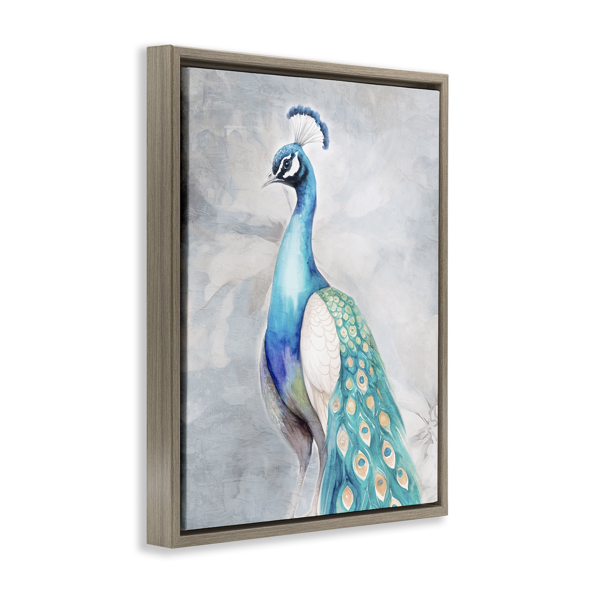 Stupell Industries Elegant Blue Peacock Animals Painting Brown Floater Framed Canvas Art Print Wall Art, 17 x 21