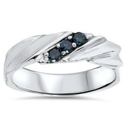 1/10ct Treated Blue Diamond Mens Three Stone Wedding Ring 14K White Gold