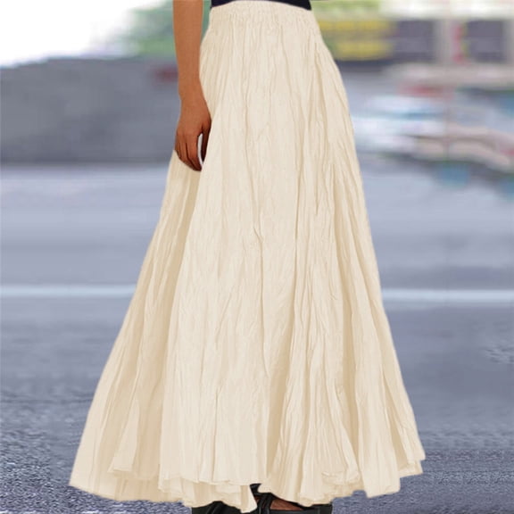 YOUSNH Womens Fashion Casual High Waist Fold A Dress Soild Vintage Loose Beach Wrap Maxi Long Skirt Pleated Skirts for Women Beige L